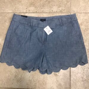 NWT! J. Crew size 10, 4’ blue chambray scalloped shorts.